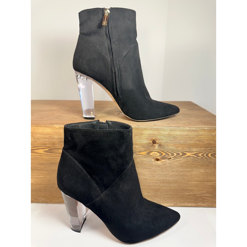 Jessica Simpson Tarek Clear Heel Ankle Boots  7 Lucite Heel Pointed Toe Coquette - Picture 2 of 8